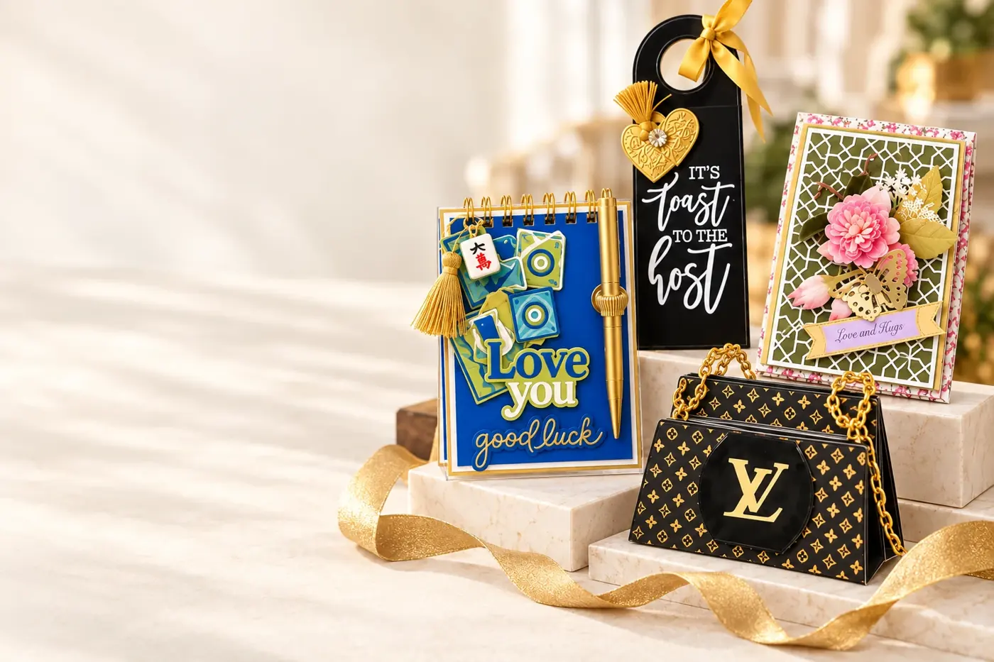 A gift table with a mahjong notebook, bottle tag, paper purse and floral notebook